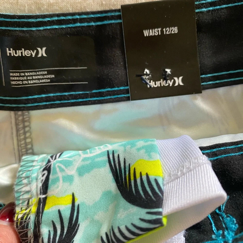 Hurley Boys Board Shorts Bathing Suit Pockets Tie Closure Palm Trees size 12 - Picture 3 of 12